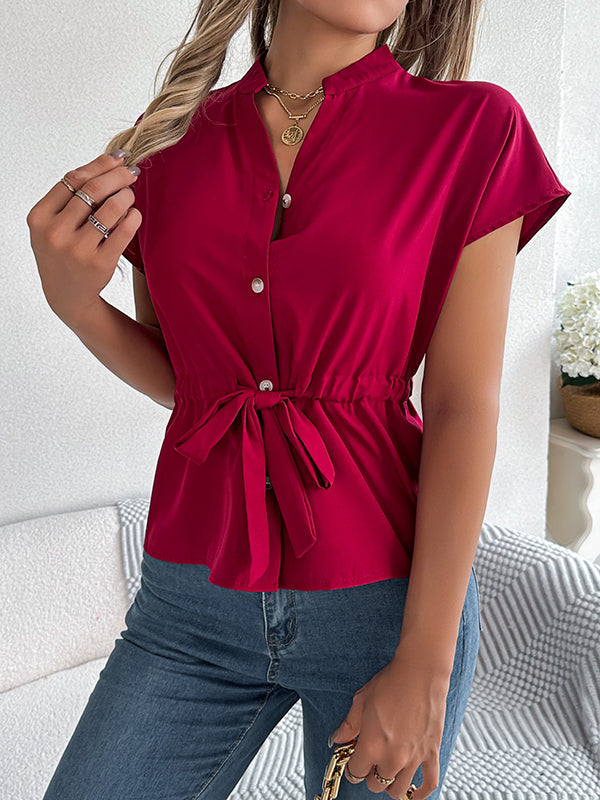 Buttoned Comfort Solid Color Tied Waist Short Sleeves Stand Collar Blouses&Shirts Tops