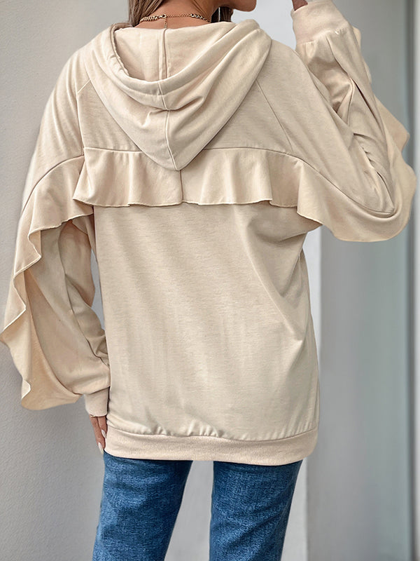 Drawstring Ruffle Trim Solid Color Split-Joint Long Sleeves Loose Hoodies Tops