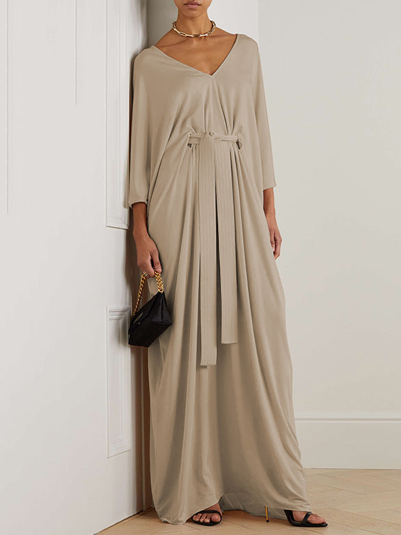 Batwing Sleeves Loose Solid Color V-Neck Maxi Dresses