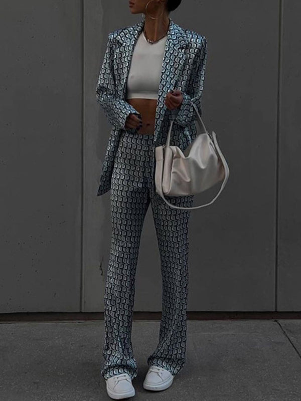 Printed Long Sleeves Lapel Outwear Top + Flared Trousers Bottom Two Pieces Set