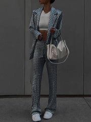 Printed Long Sleeves Lapel Outwear Top + Flared Trousers Bottom Two Pieces Set