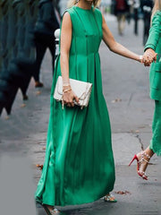 Pleated Solid Color Split-Joint A-Line Loose Round-Neck Maxi Dresses