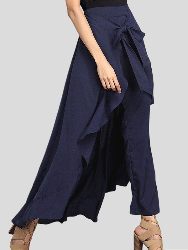 Ruffle Trim Solid Color Split-Joint Tied Waist Zipper Loose Culotte