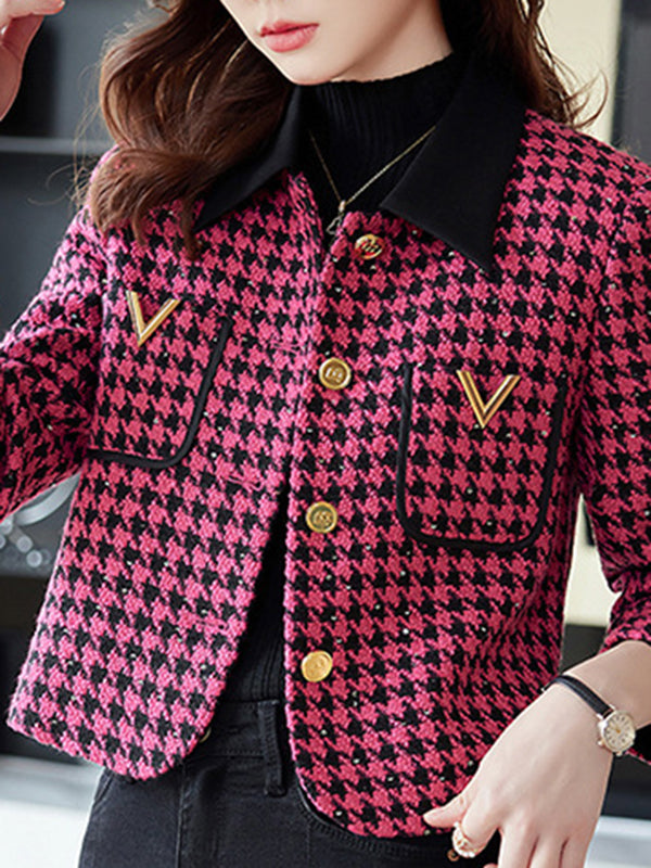 Buttoned Houndstooth Pockets Split-Joint Long Sleeves Plus Size Lapel Outerwear