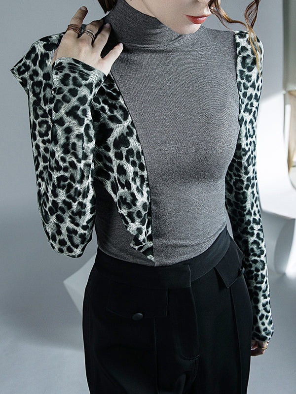 Leopard Split-Joint Long Sleeves Skinny High-Neck T-Shirts Tops