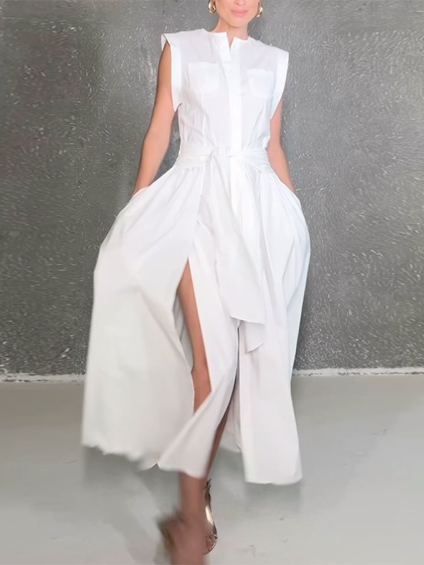 Buttoned Solid Color Split-Side Tied Waist Cap Sleeve Loose Shirt Dress Maxi Dresses