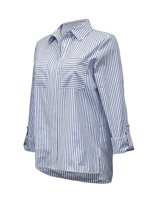 Buttoned Pockets Split-Joint Split-Side Striped High-Low Long Sleeves Lapel Blouses&Shirts Tops