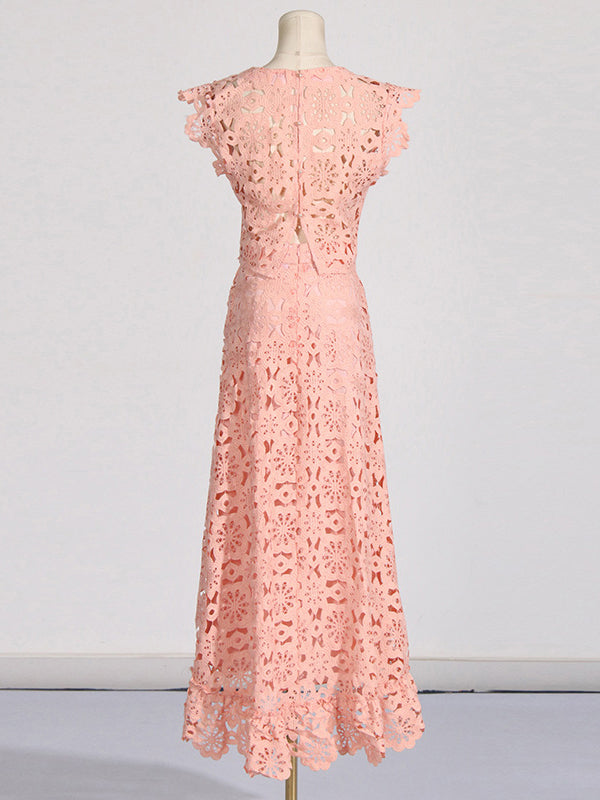 Jacquard Solid Color Flower Print Hollow Round-Neck Vest Top + Ruffle Trim Bodycon High-Low Skirts Bottom Two Pieces Set
