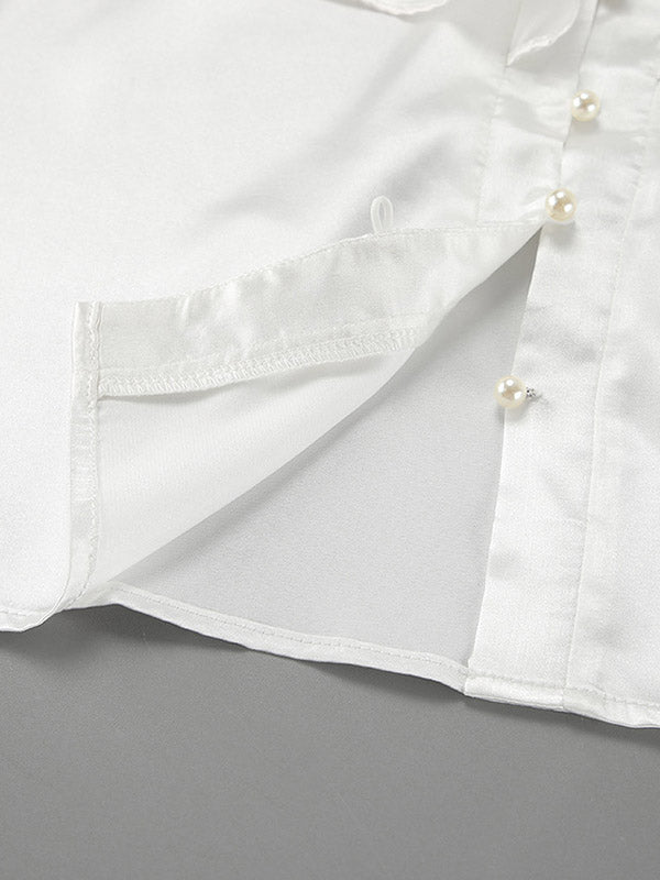 Falbala Solid Color Split-Joint Flared Sleeves Loose Stand Collar Blouses&Shirts Tops