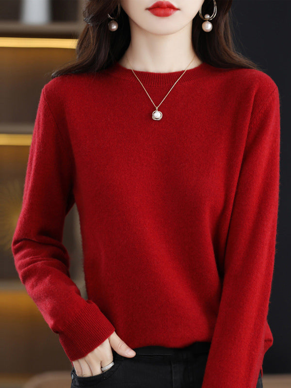 Casual Long Sleeves Loose Solid Color Round-Neck Sweater Tops