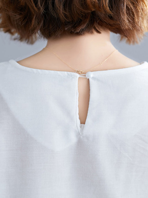 Hollow Print Loose Three-quarter Sleeves Round-neck Blouses&shirts Tops