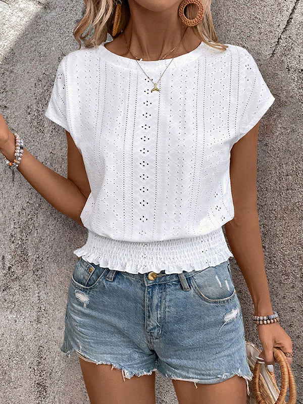 Elasticity Hollow Jacquard Solid Color Loose Raglan Sleeve Round-Neck T-Shirts Tops