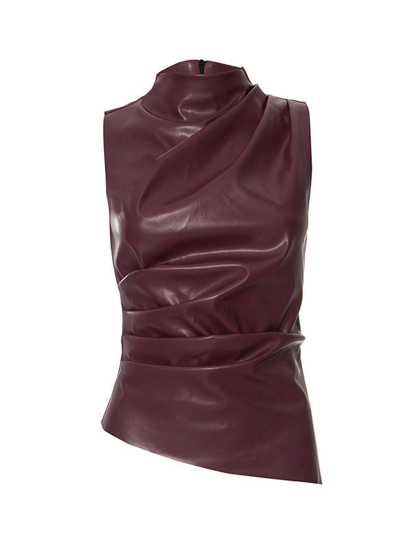 Asymmetric Pleated Solid Color Skinny Sleeveless Mock Neck Vest Top
