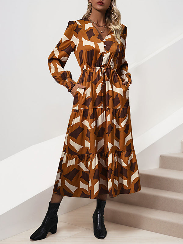 Buttoned Elasticity Pleated Printed Split-Joint Tied Waist A-Line Long Sleeves V-Neck Midi Dresses