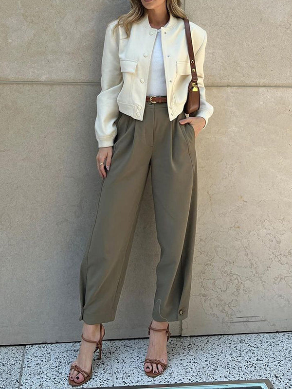 Belted Buttoned Pleated Pockets High Waisted Loose Suit Pants