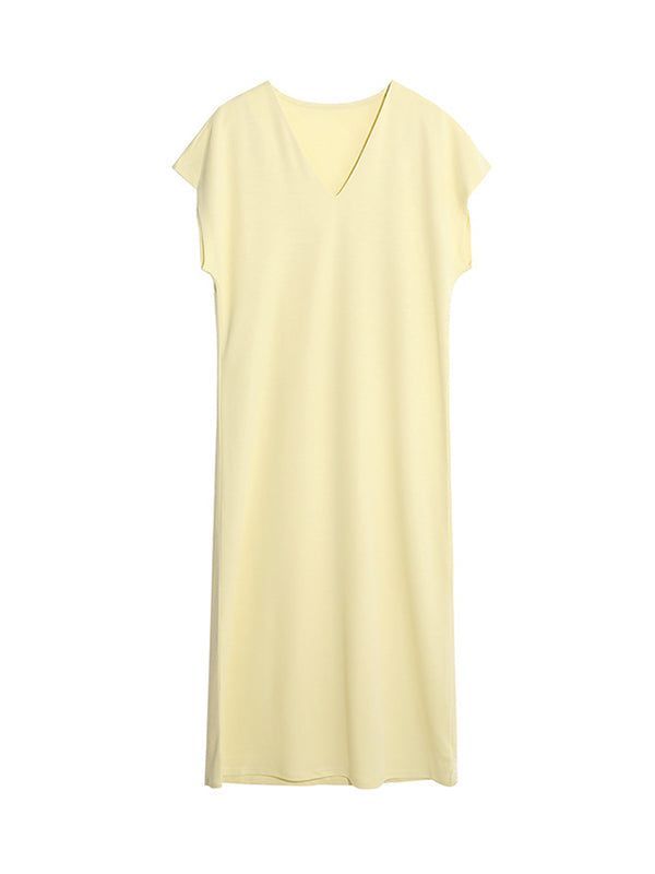 Solid Color Batwing Sleeves Loose V-neck Midi Dresses