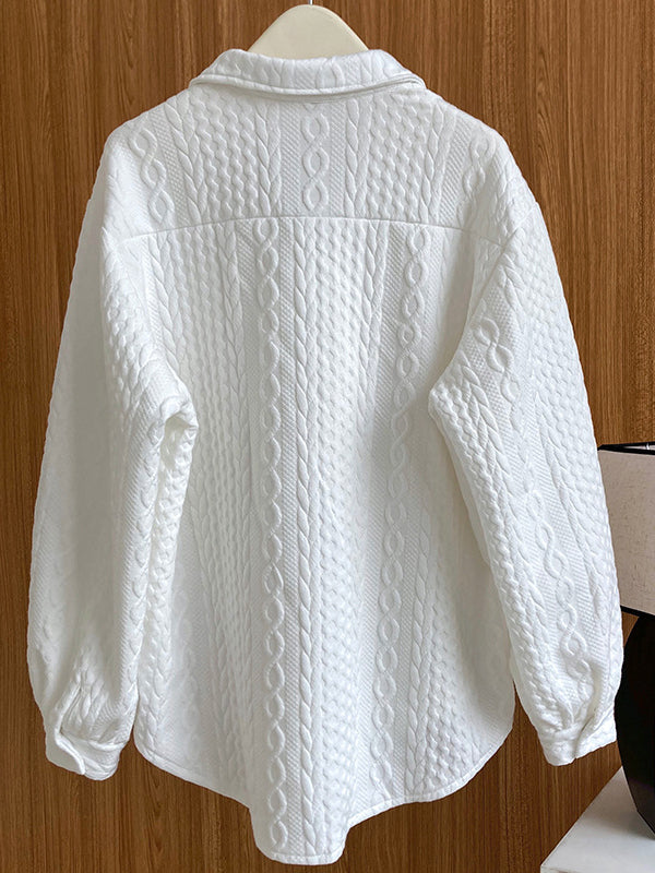 Simple Loose Long Sleeves Buttoned Solid Color Textured Lapel Collar Blouses&Shirts Tops
