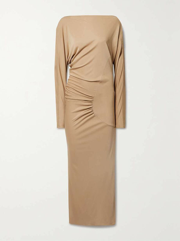 Pleated Solid Color Split-Joint Long Sleeves Skinny Round-neck Maxi Dresses