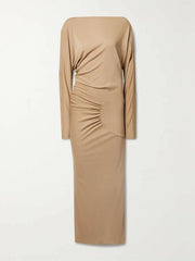Pleated Solid Color Split-Joint Long Sleeves Skinny Round-neck Maxi Dresses