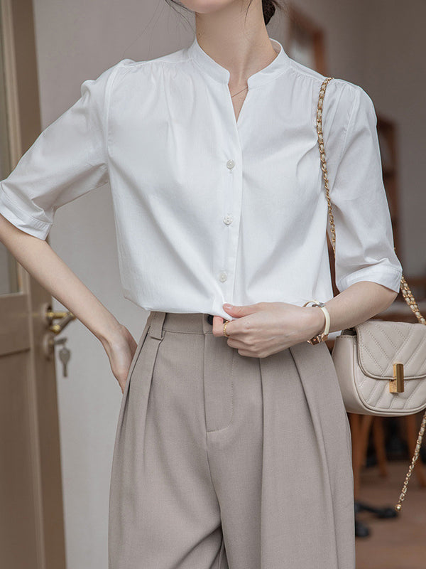 Buttoned Pleated Solid Color Split-Joint Half Sleeves Loose Stand Collar Blouses&Shirts Tops