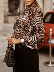 Leopard Printed Long Sleeves Loose Lapel Blouses