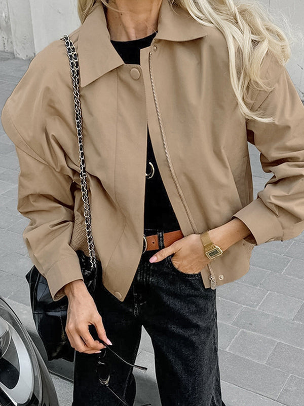 Buttoned Elasticity Solid Color Zipper Long Sleeves Loose Lapel Outerwear Jackets