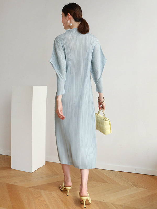 Original Creation Loose Long Sleeves Pleated Solid Color High-Neck Midi Dresses
