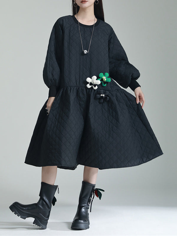 Pleated Quilted Split-Joint Long Sleeves Loose Round-Neck Midi Dresses
