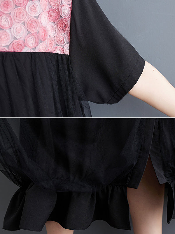 Falbala Printed Split-Joint Loose Short Sleeves Lapel Midi Dresses