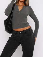 Solid Color Split-Joint Long Sleeves Skinny V-Neck T-Shirts