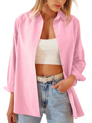 Buttoned Solid Color Long Sleeves Loose Lapel Blouses&Shirts Tops