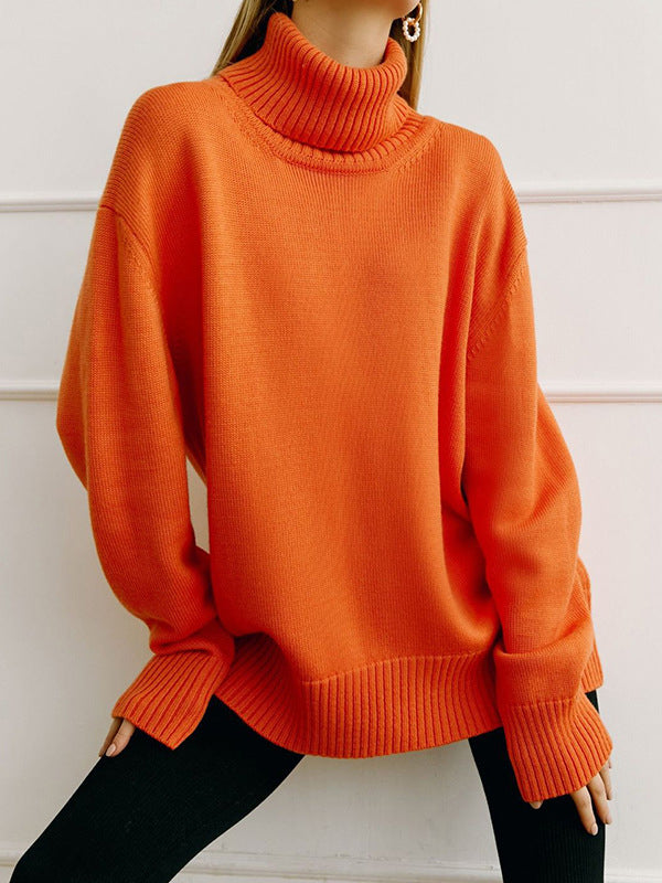 Casual Long Sleeves Loose Solid Color High-Neck Sweater Tops