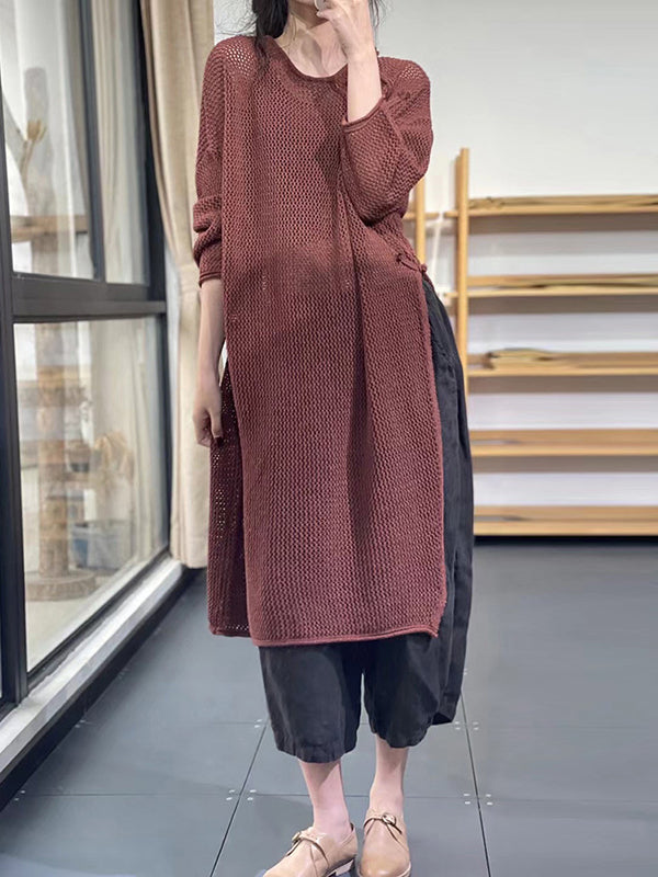 Asymmetric Hollow Split-side Long Sleeves Loose Round-neck Sweater Tops
