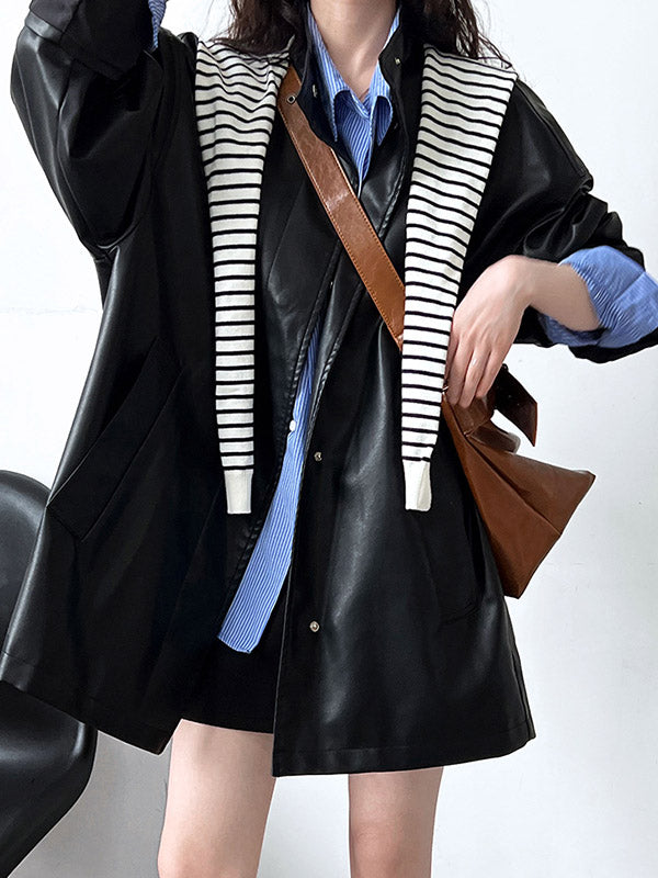 Buttoned Pockets Solid Color Long Sleeves Loose Stand Collar Outerwear