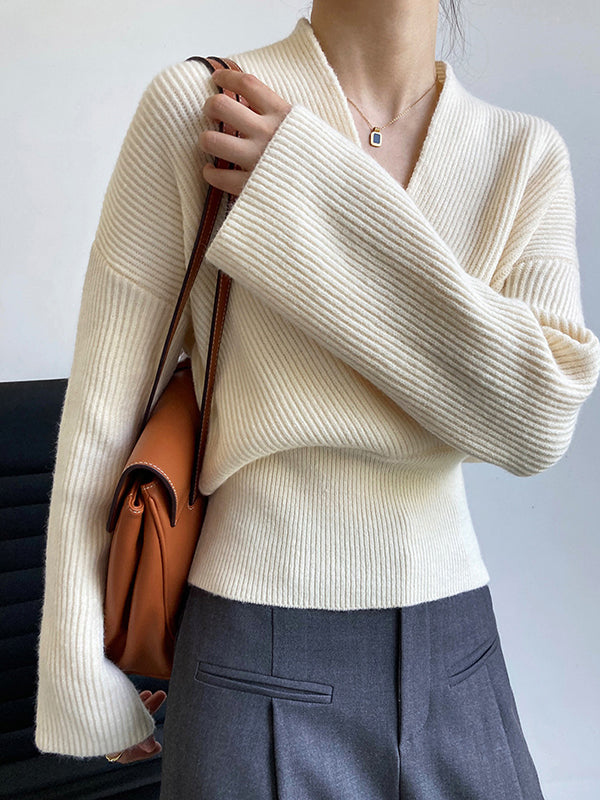 Casual Long Sleeves Loose Solid Color Cross V-Neck Sweater Tops