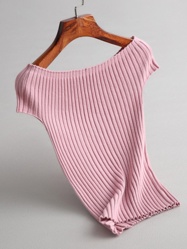 Solid Color Short Sleeves Skinny Boat Neck Sweater Pullovers Knitwear