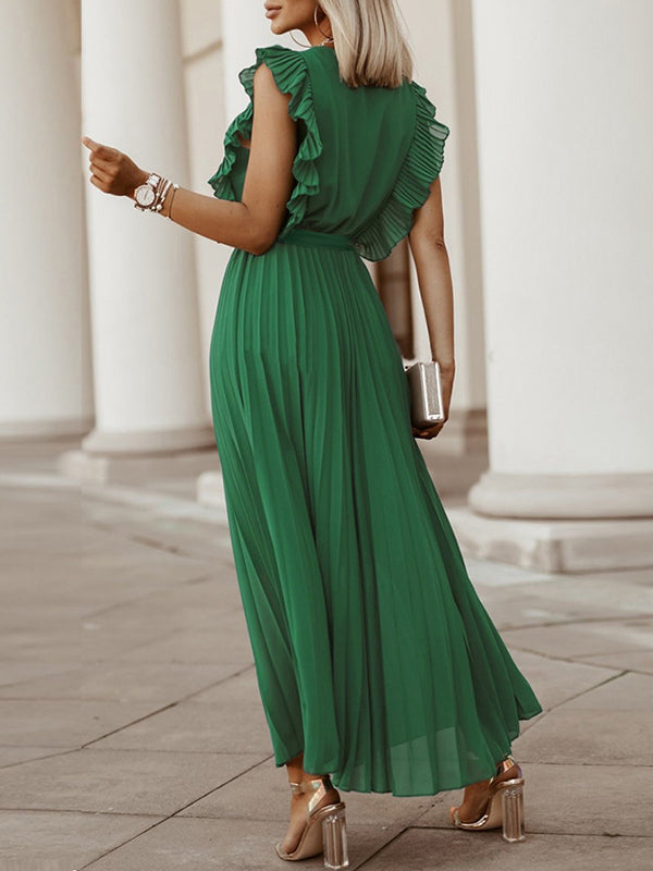 Floral Pleated Solid Color Split-Joint Tied Waist Loose Sleeveless V-Neck Maxi Dresses