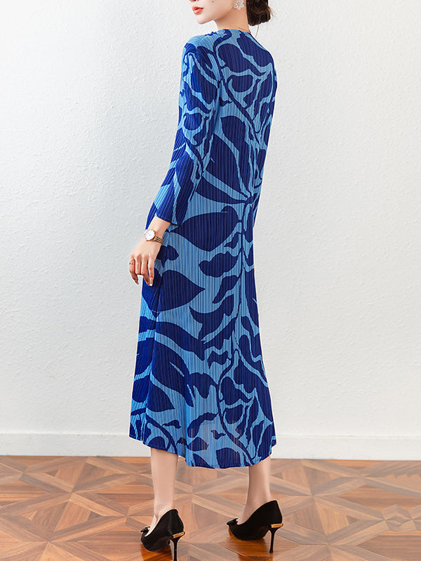 Floral Printed Pleated Long Sleeves Midi Dress