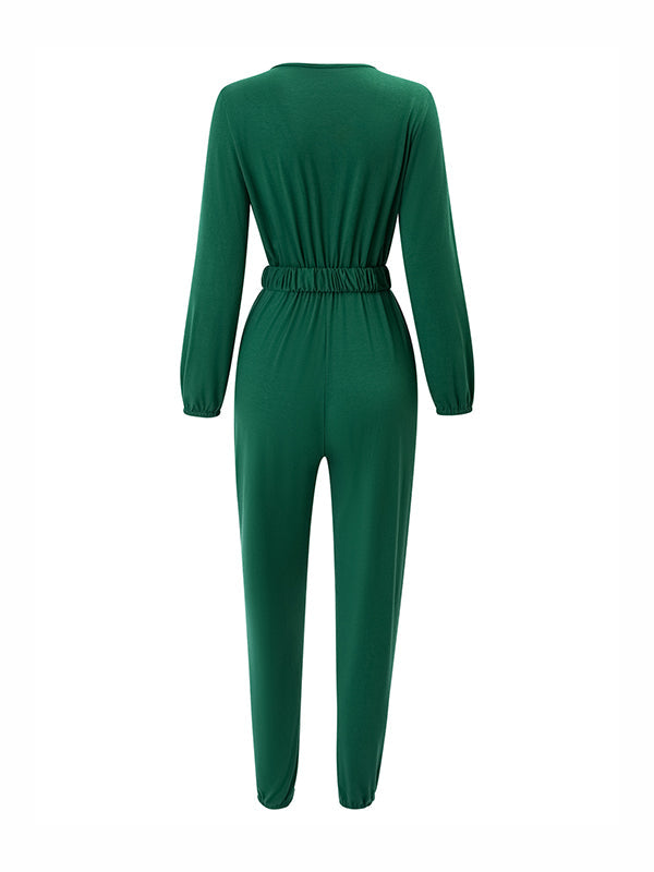 Belted Elasticity Long Sleeves V-neck Jumpsuits