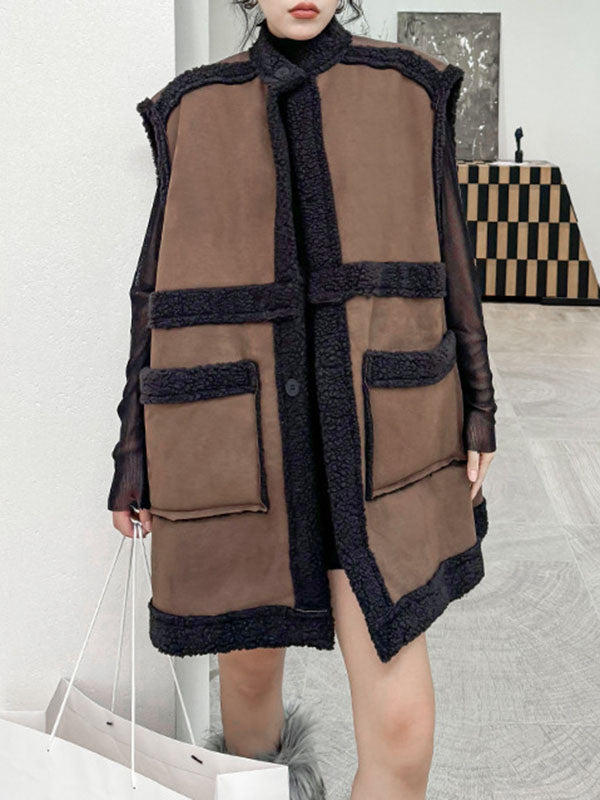 Buttoned Contrast Color Pockets Reversible Velvet Loose Sleeveless Stand Collar Vest Outerwear
