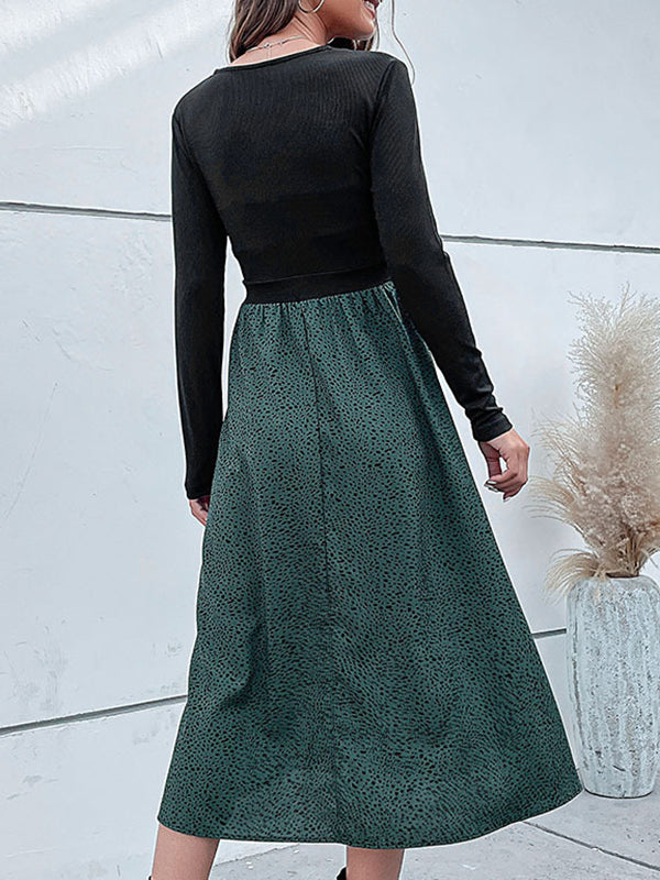 Asymmetric Buttoned Leopard Split-Joint High Waisted Long Sleeves V-Neck Midi Dresses