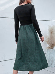 Asymmetric Buttoned Leopard Split-Joint High Waisted Long Sleeves V-Neck Midi Dresses