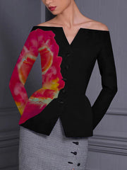 Buttoned Flower Print Long Sleeves Skinny Off-The-Shoulder Blouses&Shirts Tops