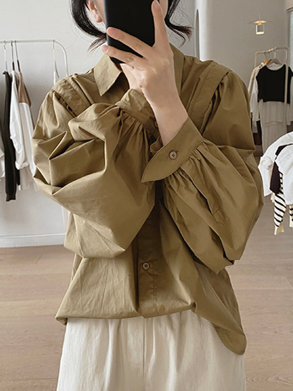 Solid Color Loose Puff Sleeves Lapel Blouses