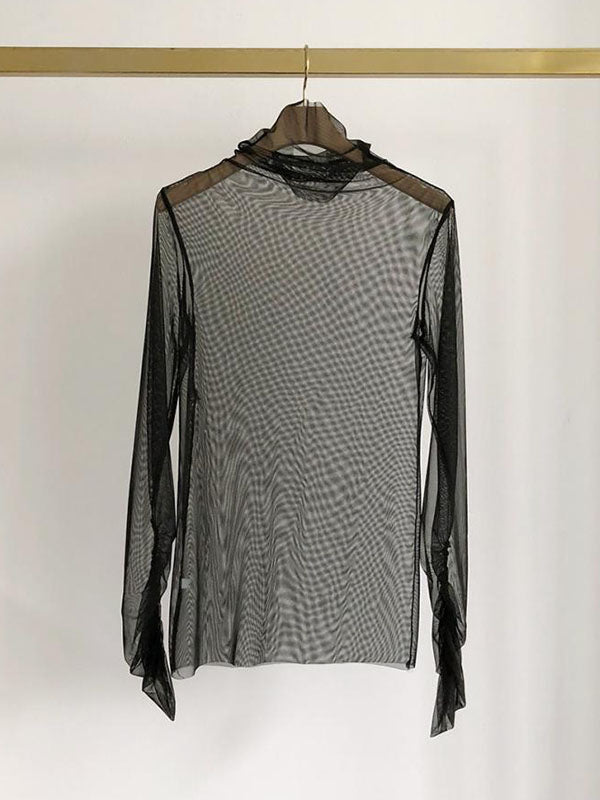 Gauze See-Through Solid Color Long Sleeves Skinny High Neck T-Shirts
