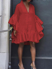 Flared Sleeves Loose Pleated Solid Color Split-Joint V-Neck Mini Dresses