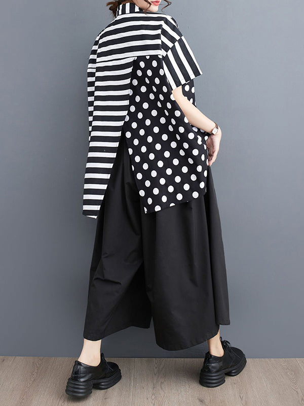 Polka-Dot Split-Joint Striped Loose Short Sleeves Lapel Shirts Tops