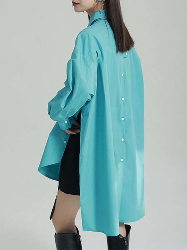 Solid Color Split-side High-low Irregular clipping Lapel Shirts Tops