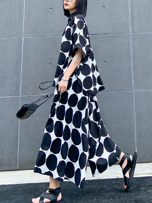 Round-Neck Batwing Sleeves Buttoned Polka-Dot Shirts Top + Elasticity Pockets Harem Pants Pants Bottom Two Pieces Set