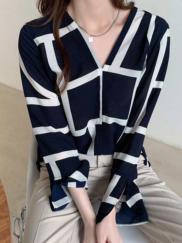 Printed Split-Side Long Sleeves Loose V-Neck Blouses&Shirts Tops